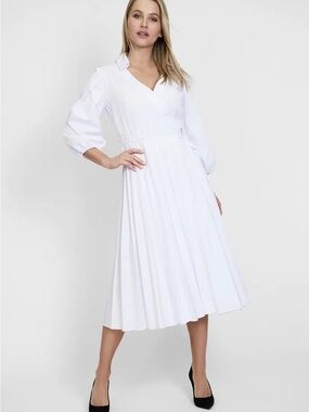 V-Neck White Pleated Midi Dress with Cinched Waist